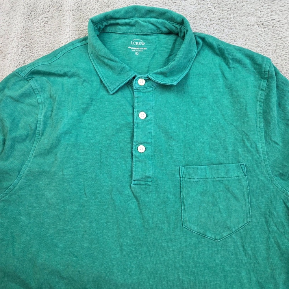 J.Crew Garment-Dyed Polo Shirt Mens Sz L Slub Jersey Chest Pocket Green Cotton